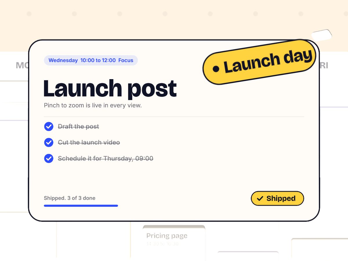 The Launch post task card with its checklist done and a Launch day sticker
